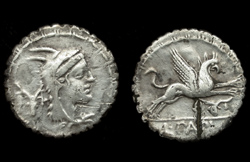 L. Papius, Serrate Denarius, Griffin, Two Bucraniums! Sold!